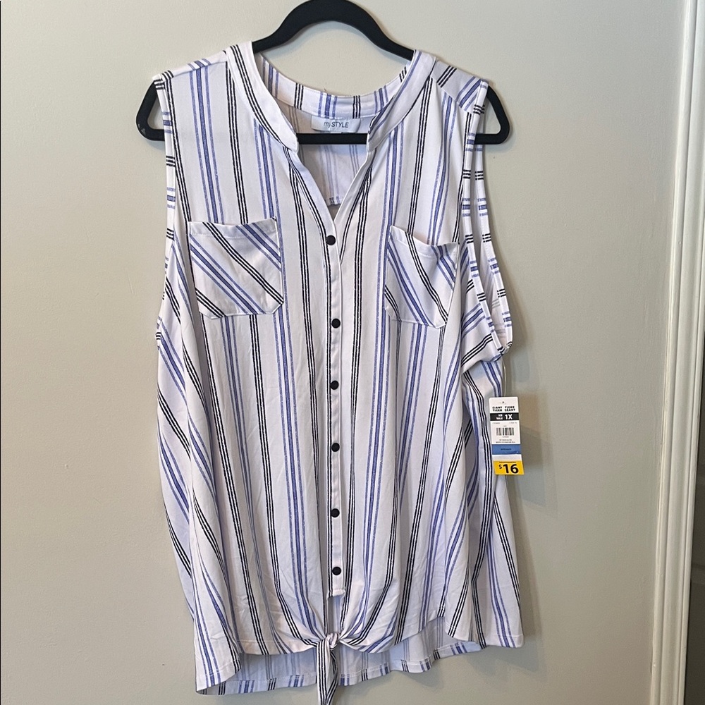 Blue and White Striped Sleeveless Button-Down Shirt